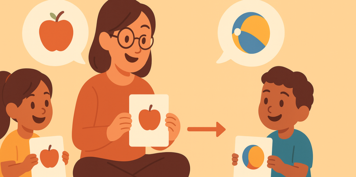 Speech pathologist with two children using bilingual flashcards (EN/other) — bilingual speech therapy for children.