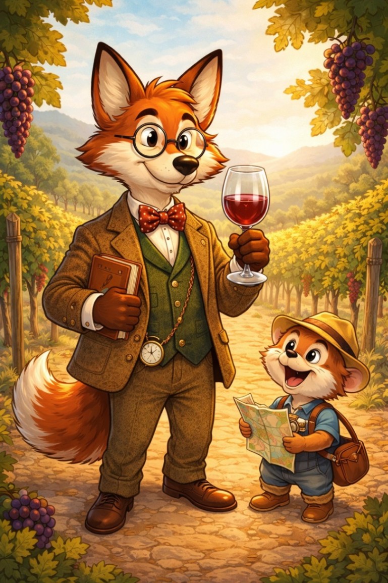 Professor Corksworth and Oliver standing in a golden-hour vineyard with rolling hills and grapevines