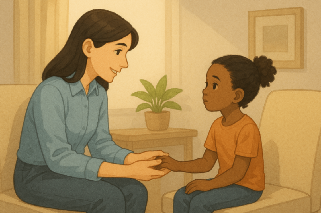 Behaviour therapist gently supporting a young child during an NDIS therapy session in Liverpool.