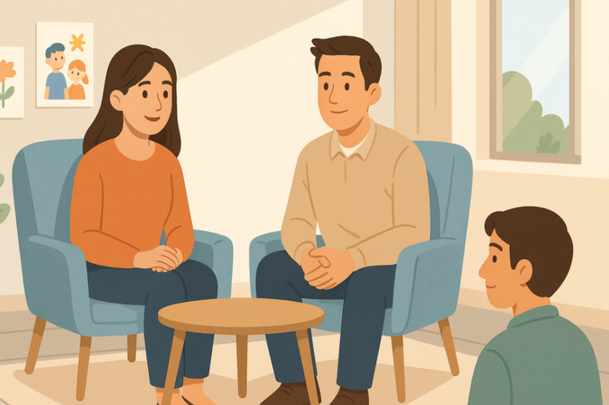 Parents attending an NDIS parent training session in a behavioural therapy clinic.
