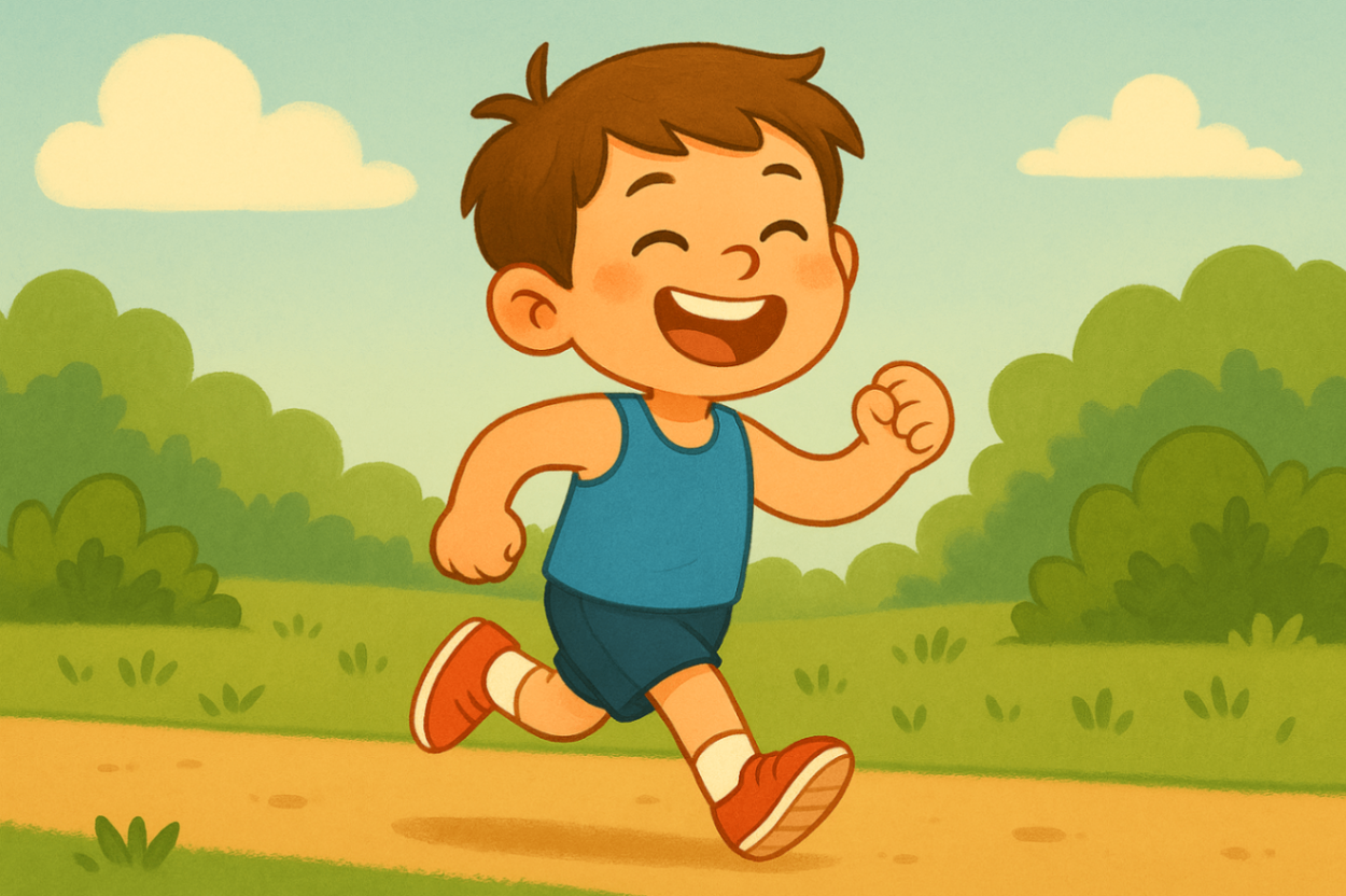 A smiling child in bright exercise clothes, representing confidence and enjoyment from participating in home-based exercise physiology.