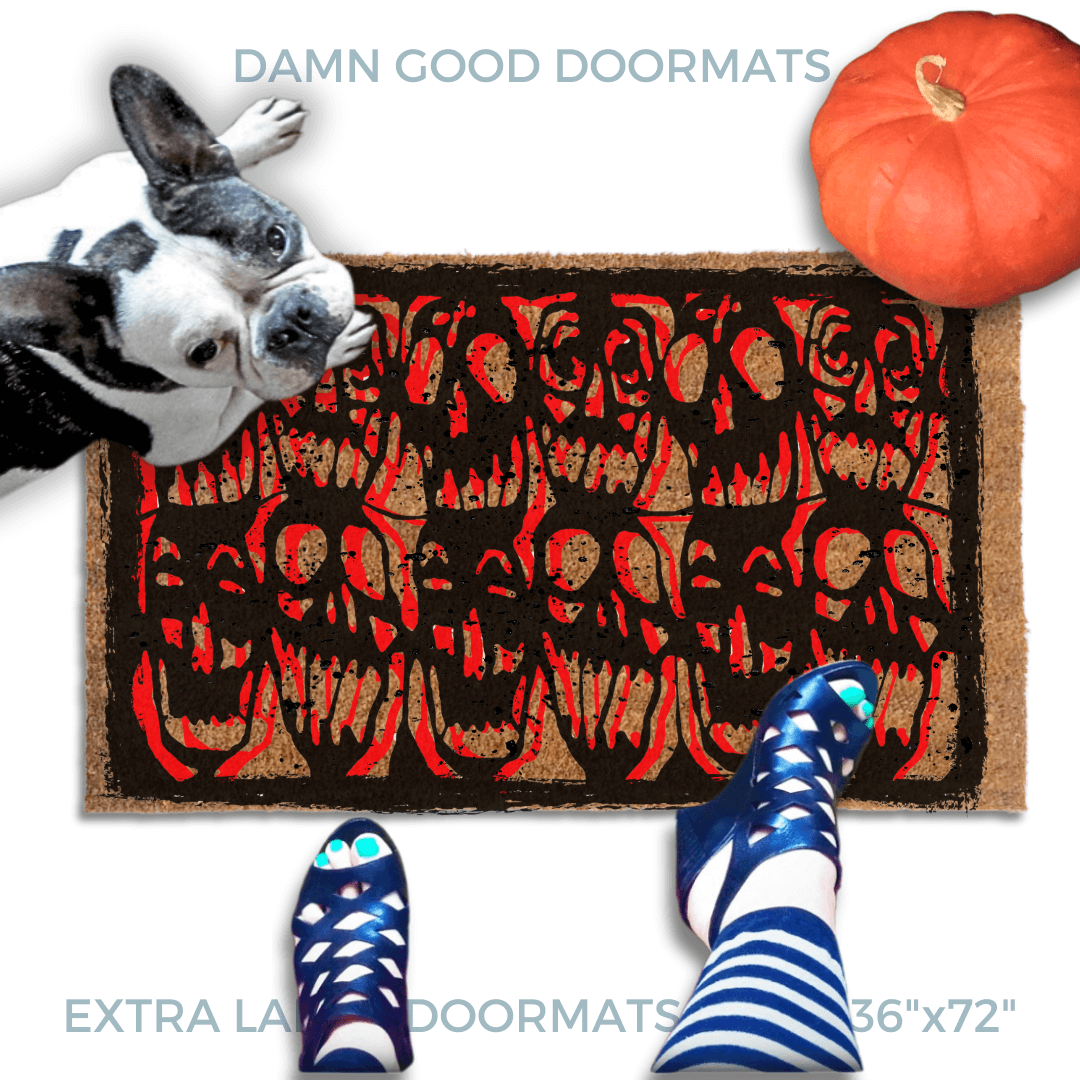 Gen X Halloween doormat with red and black skulls stencil from 1985 cult film Desperately Seeking Susan on an outdoor doormat. Pictured with a french bulldog looking up at a wpoman in strappy 80's heels and striped tights