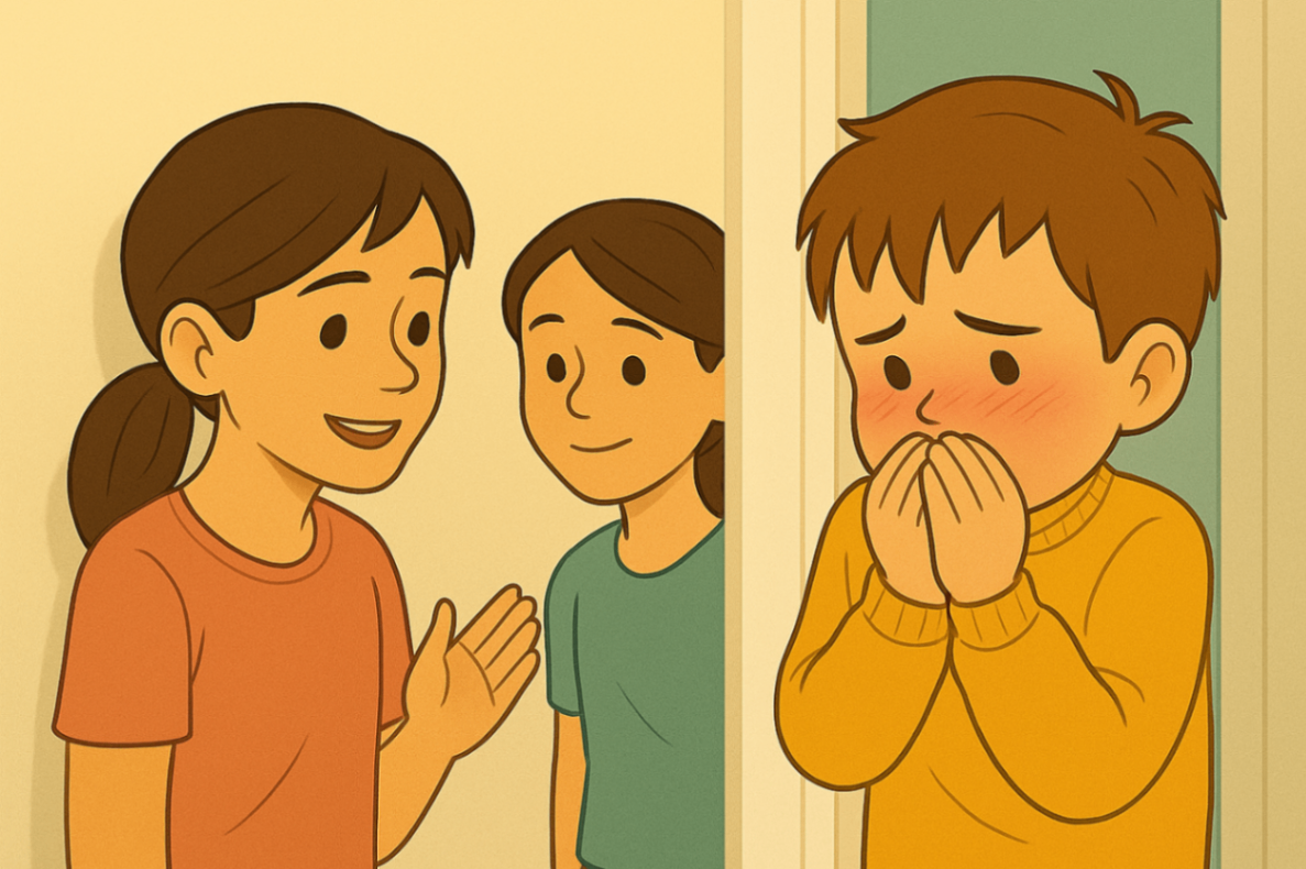 Child appearing anxious or shy during peer interaction — an early social cue that may benefit from positive behaviour support.