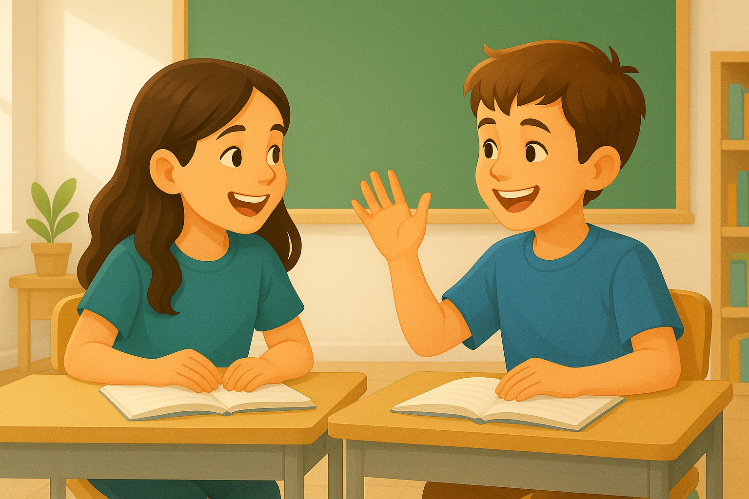 Two children talking and interacting positively in a classroom, reflecting improved social skills through behaviour support planning in Liverpool.