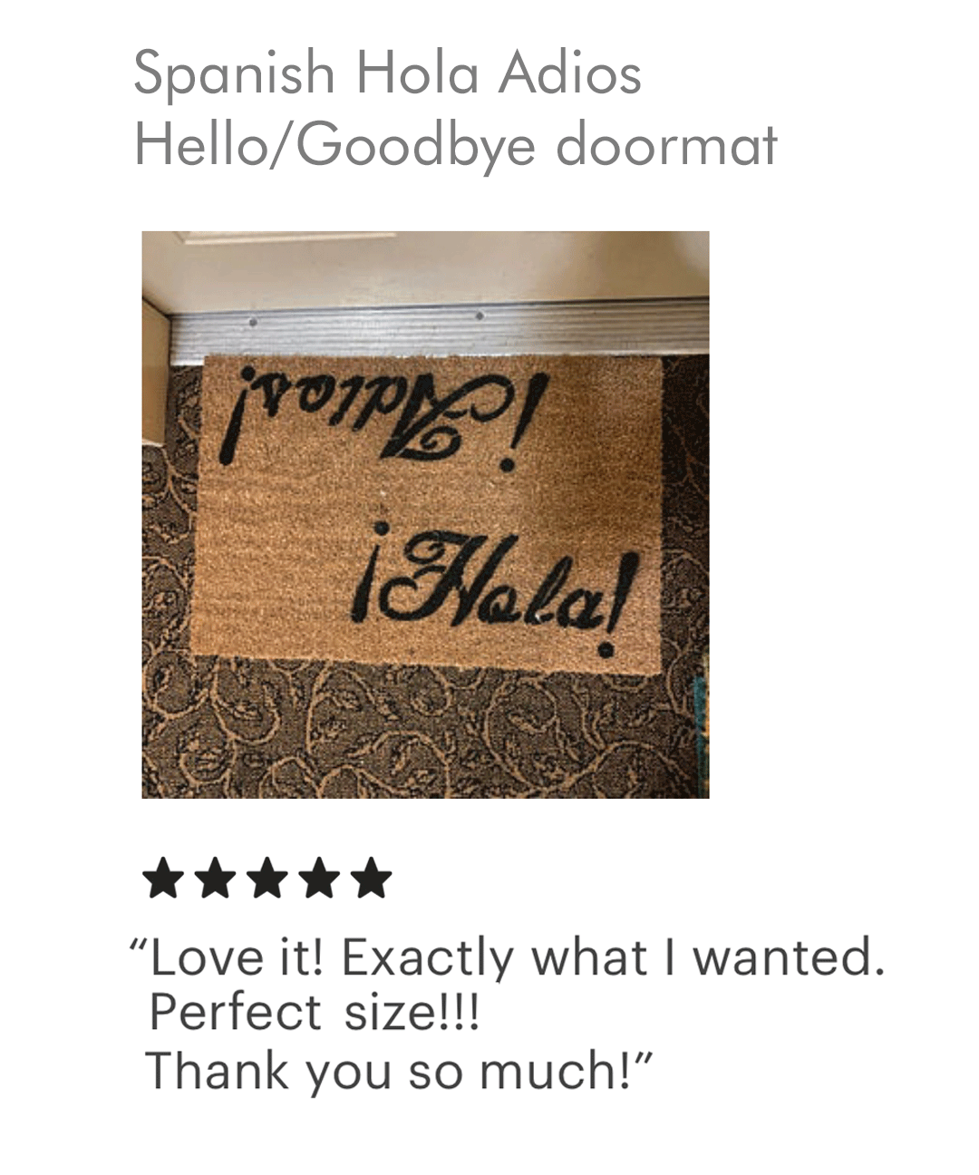 5 star review for Spanish Hola Adios Hello/Goodbye doormat from Damn Good Doormats