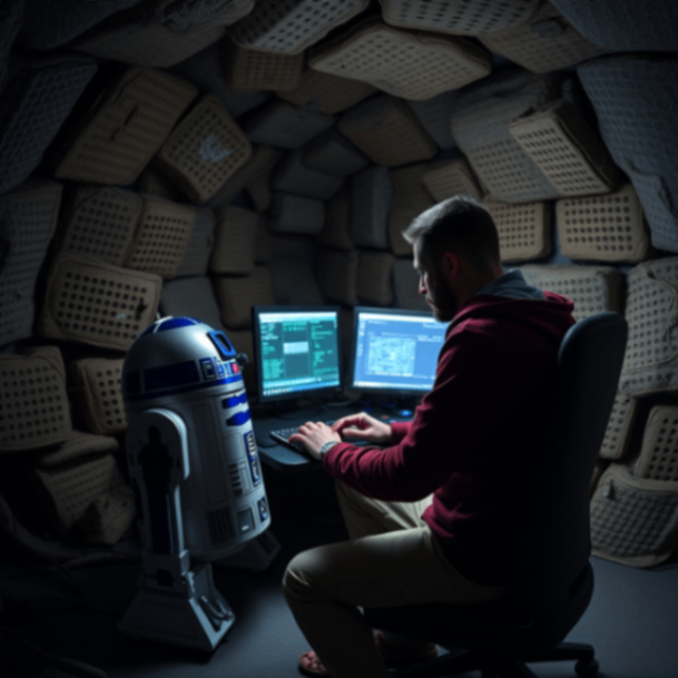 a man is working on his computer in a room with a r2d