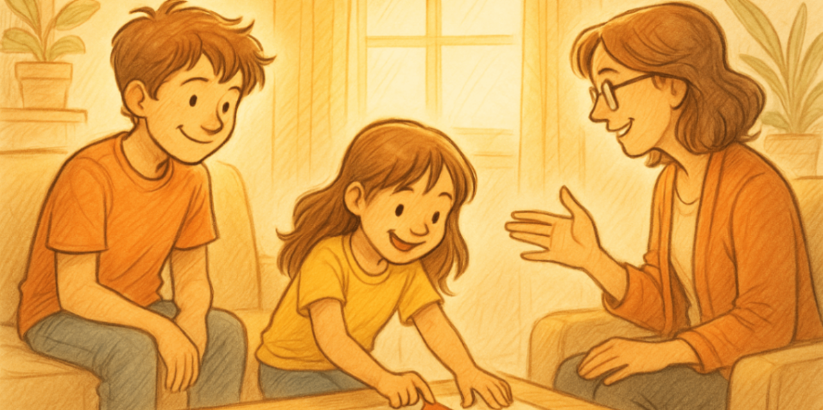 Two siblings in a therapy room, engaging with a therapist during behaviour therapy to support family connection.