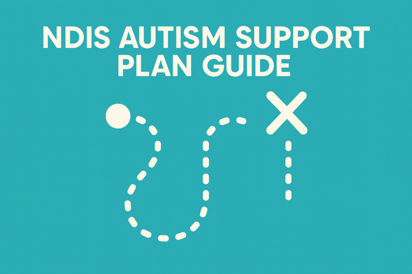 A service region map titled “NDIS Autism Support Plan Guide,” highlighting coverage areas and key steps for developing an NDIS autism support plan.