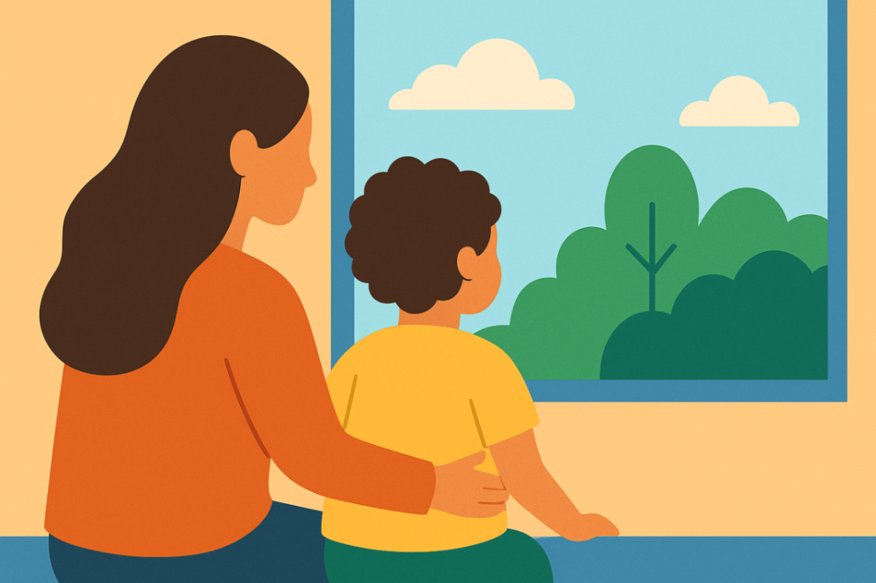 Mother and child looking out the window, reflecting on their journey through NDIS behaviour support for challenging behaviours.