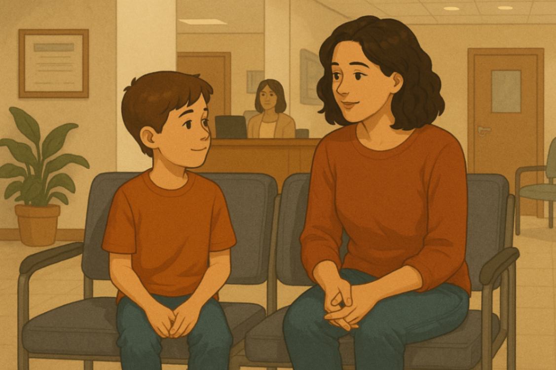 A child and mother waiting together in a clinic lobby for their first positive behaviour support session.