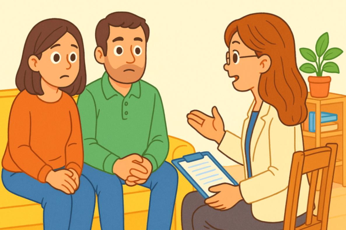 Parents attentively listening to a Positive Behaviour Support Practitioner explain strategies during an NDIS parent coaching session.