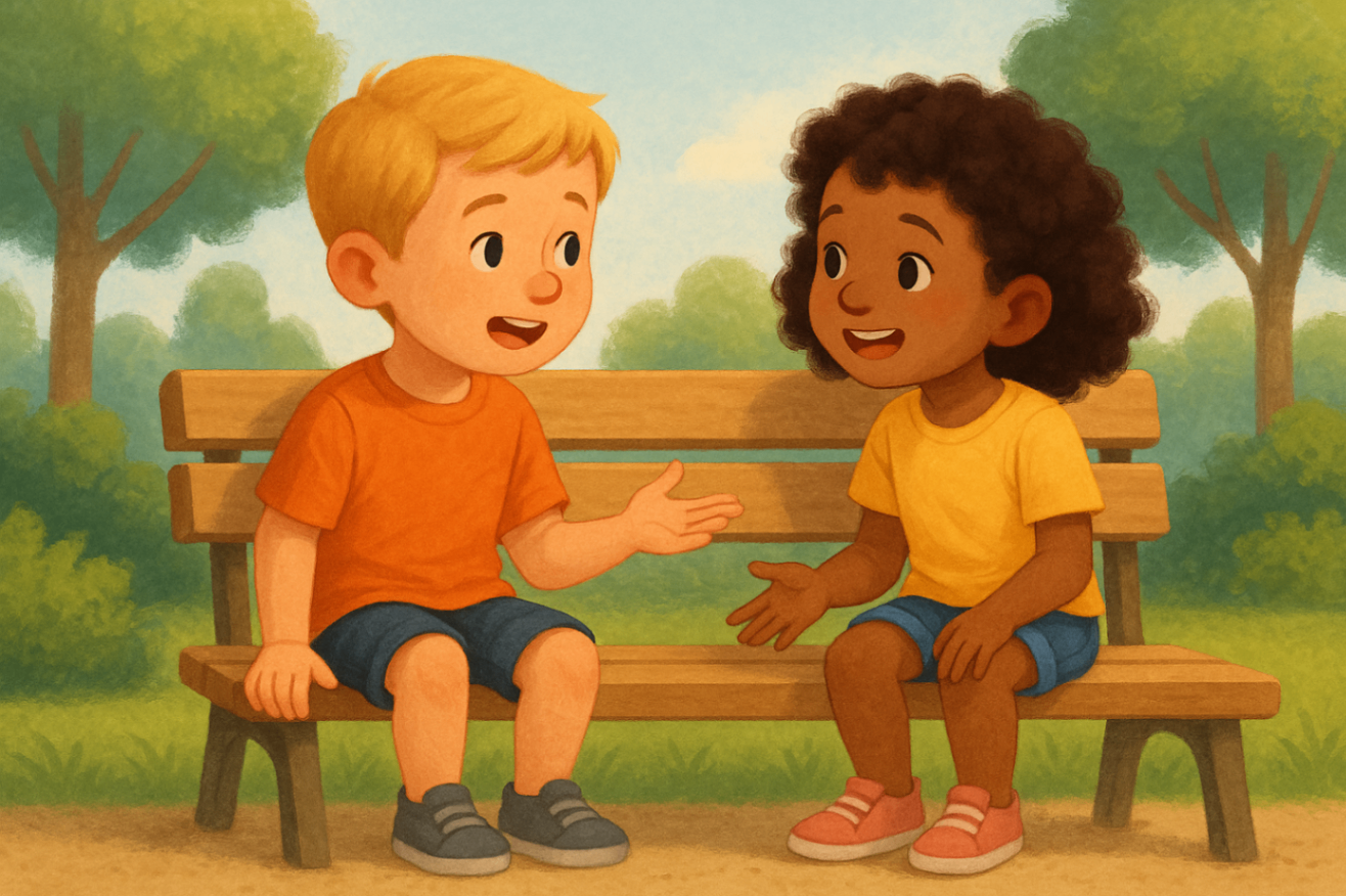Two children chatting on a park bench, representing the outcomes of early intervention speech therapy under NDIS.