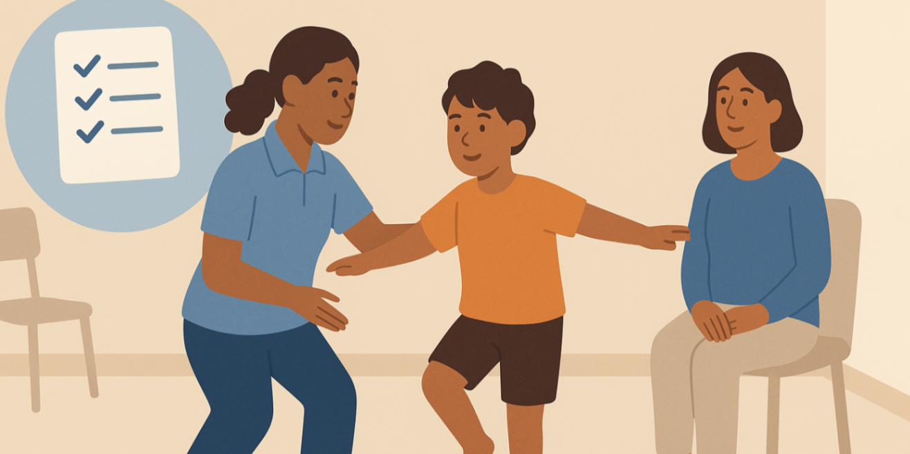 Physiologist observing a child doing a balance test with a parent nearby and an assessment checklist callout — functional assessment for EP."
