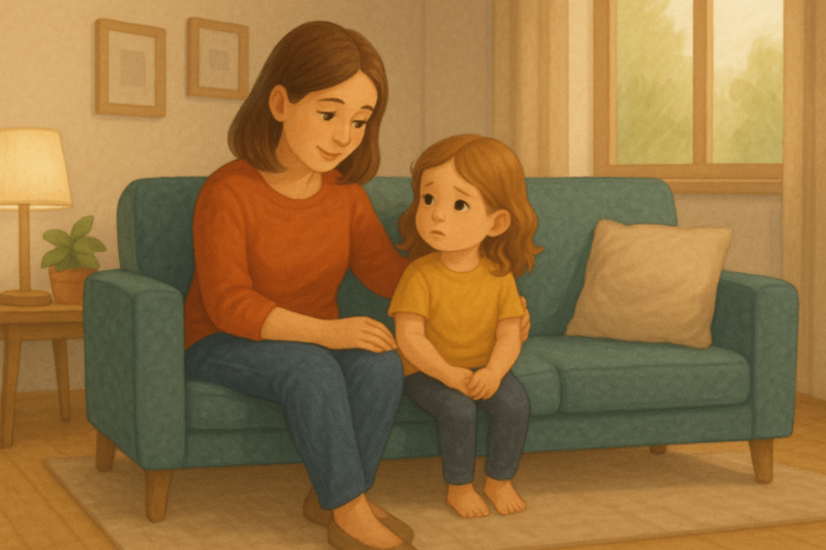 Mother sitting with her child on the couch at home, reflecting the start of the journey toward understanding NDIS behaviour support eligibility.