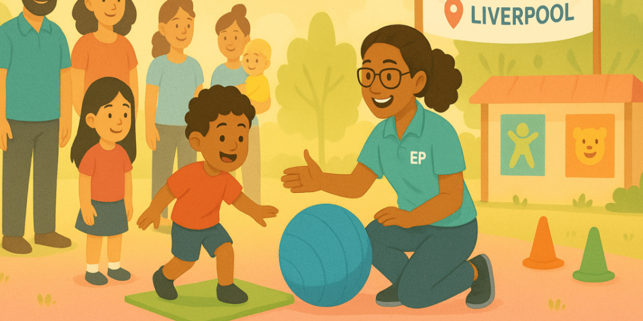 Outdoor community workshop with physiologist demonstrating adaptive play for parents and children — local paediatric EP outreach in Liverpool.