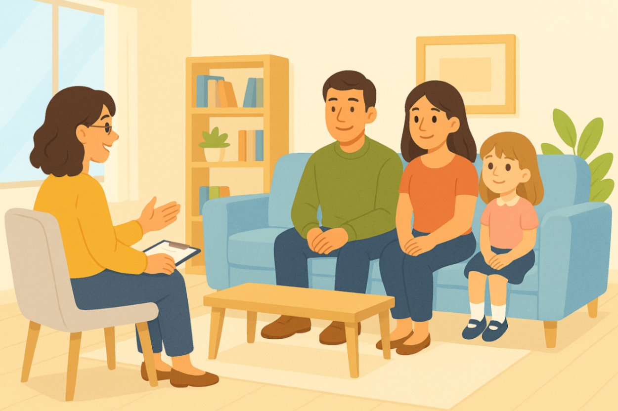 Behaviour support therapist meeting with a family to discuss NDIS behaviour support strategies in a welcoming therapy room.