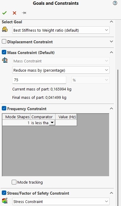 Goals and constraints in a Topology Optimization in SOLIDWORKS Simulation