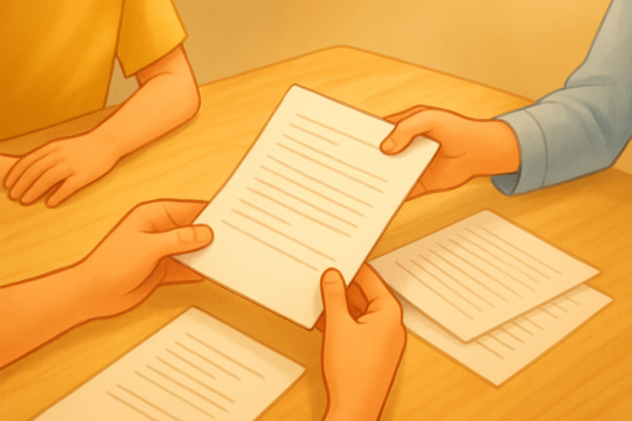 	Two hands across a table exchanging a document — illustrating the support of a plan manager guiding NDIS decisions.