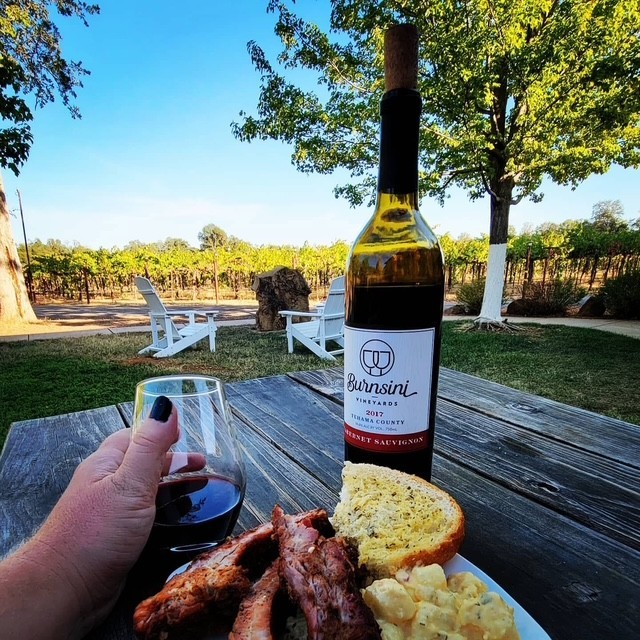 food and wine on picnic table with view of vineyard