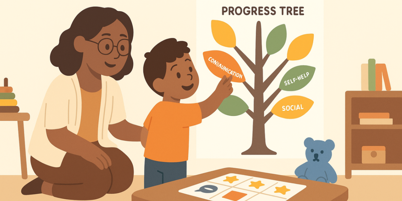 Therapist and child adding stickers to a progress tree for communication, social and self-help — behaviour therapy for autistic children.