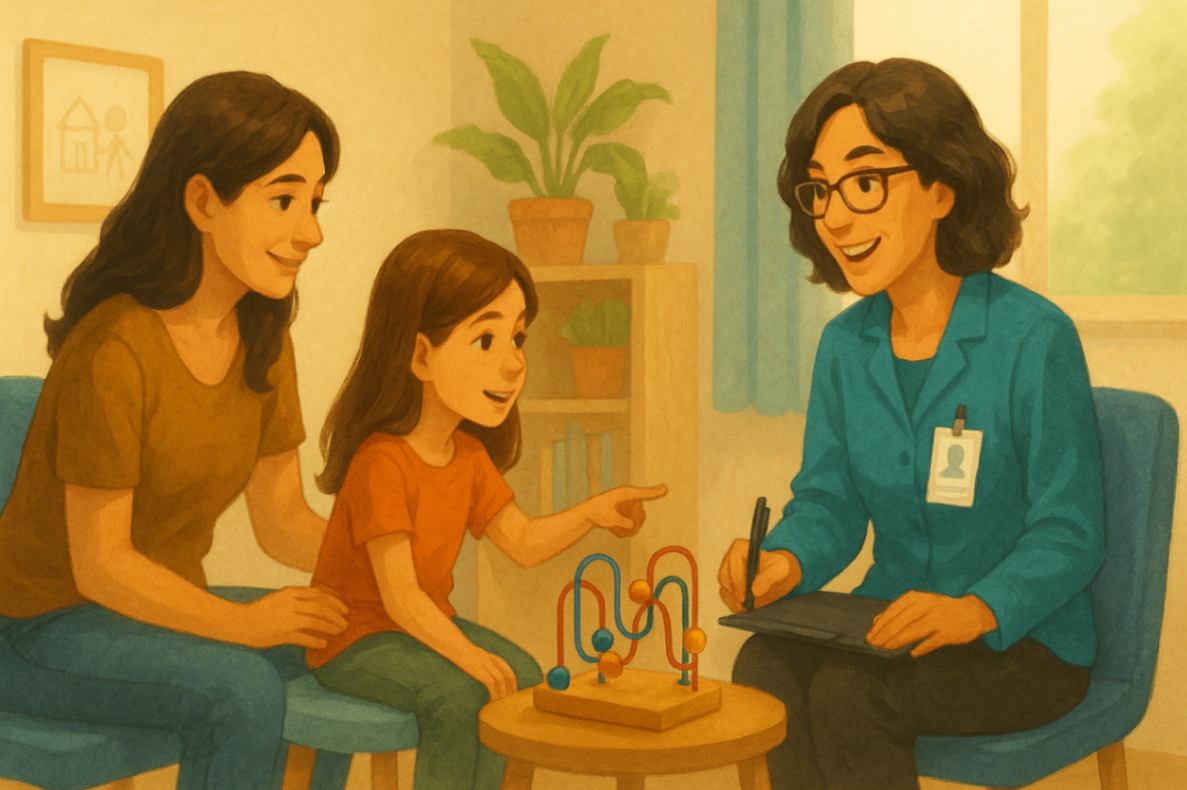 Positive Behaviour Support Practitioner guiding a mother and child through a behaviour consultation in a therapy room, as part of an NDIS support session.