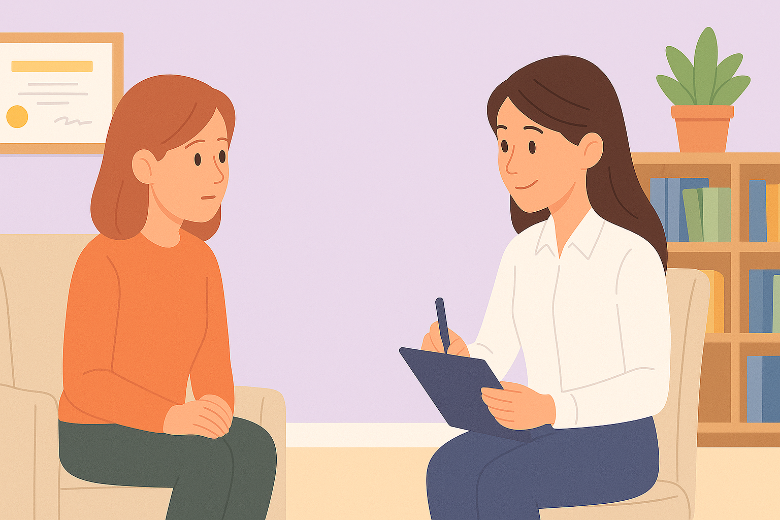 Parent and behavioural therapist discussing a child’s progress in a warm, supportive setting