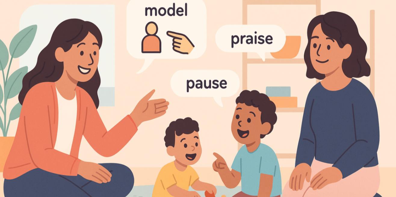 Therapist using play-based turn-taking activities and simple prompts with praise to teach interaction — autism speech therapy techniques.