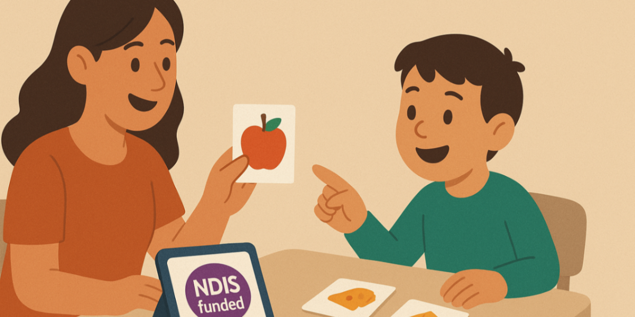 One-on-one speech therapy: pathologist modelling a word with picture cards while the child points and a tablet shows an ‘NDIS funded’ badge — child-centred speech therapy.