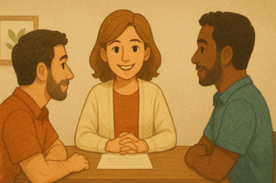 Therapist sitting between two fathers during a Positive Behaviour Support meeting, working together on a customised NDIS plan.