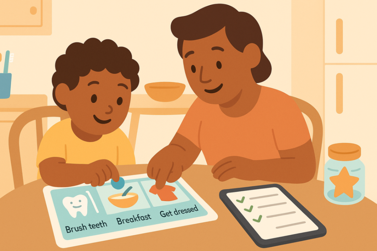 Parent and child using a colourful visual morning schedule with sticker rewards — home routines to support behaviour therapy.