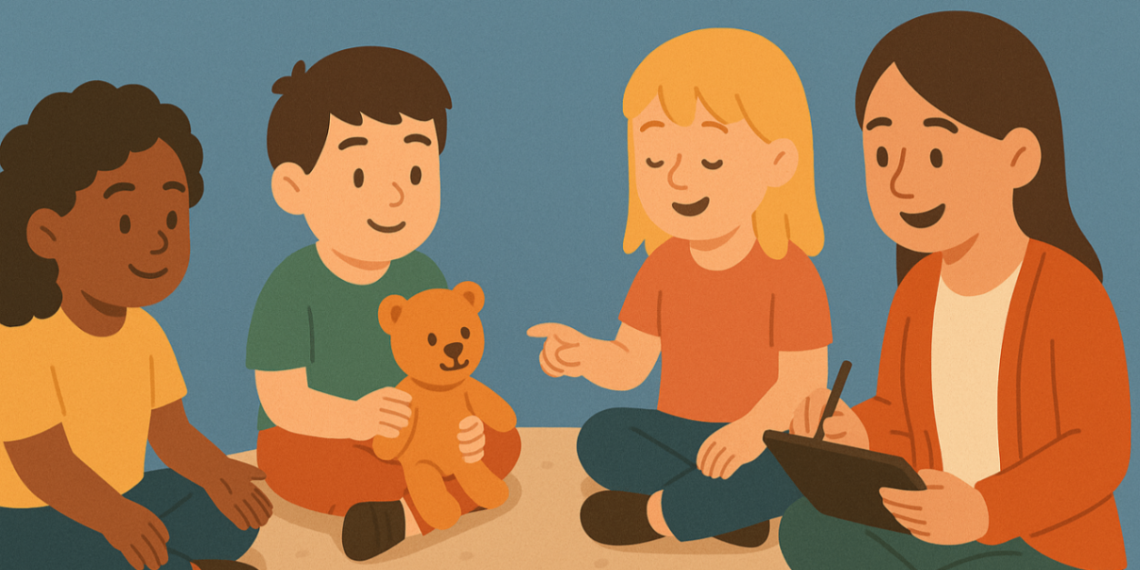 Behaviour therapist leading a small-group turn-taking activity with children passing a soft toy and visual cue cards — group behaviour therapy building social skills.