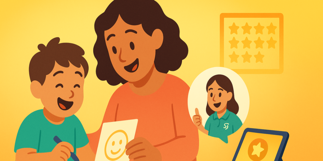 Parent coached via tablet while practising picture-card activities with their child — NDIS-informed home behaviour practice