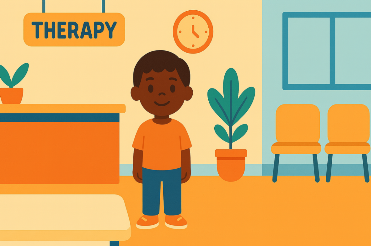 	A child waiting inside a bright NDIS-registered therapy lobby, ready for an autism support session under the NDIS framework.