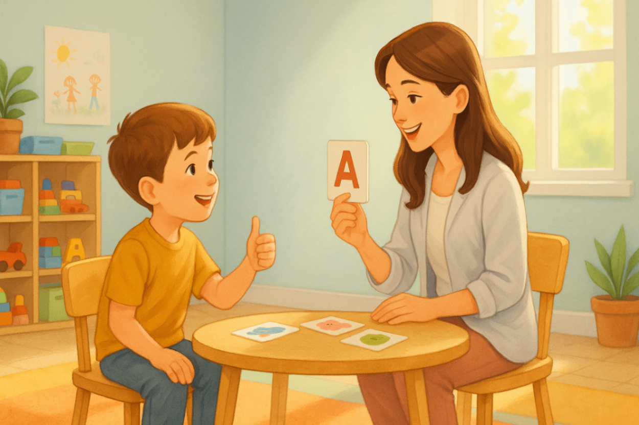 A speech therapist and a child in a productive session