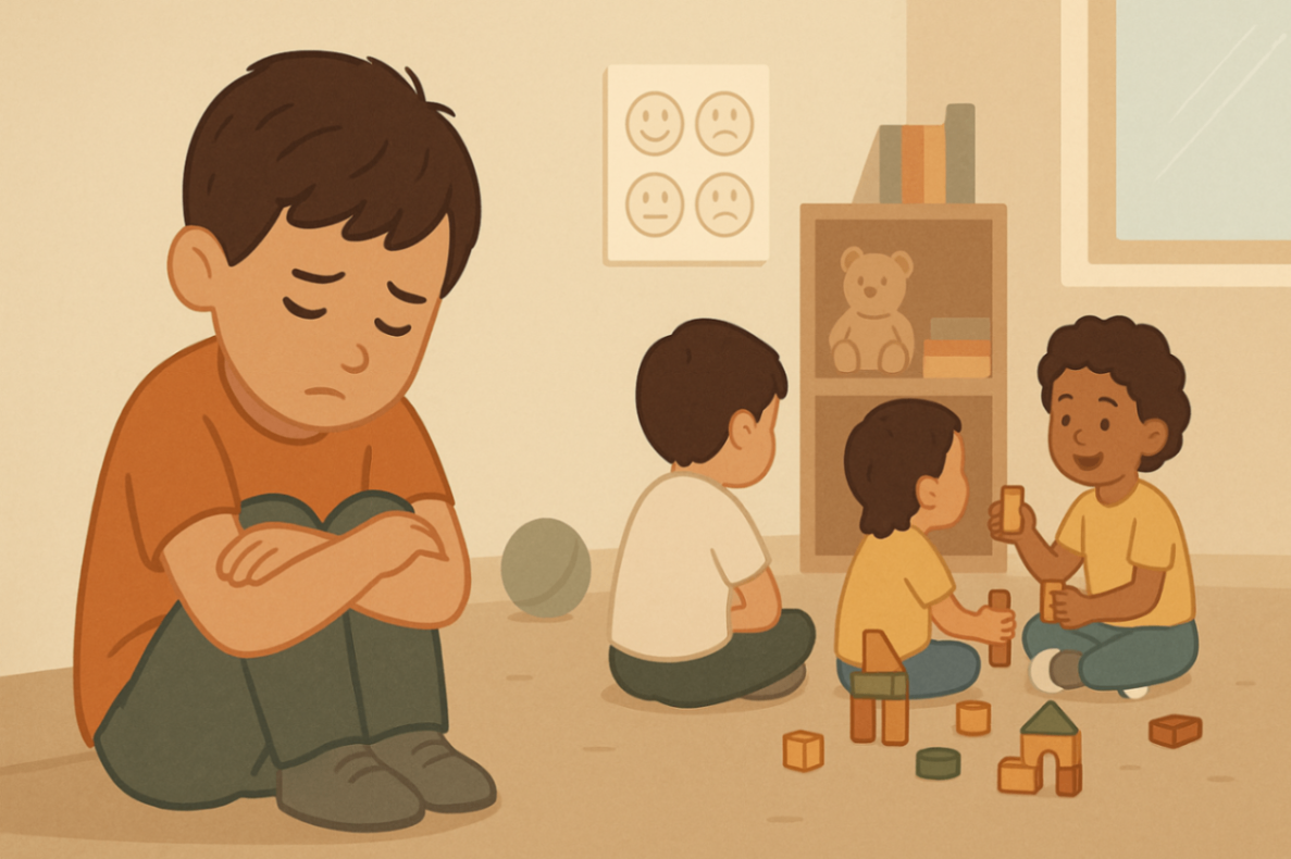 ocially withdrawn child sitting alone in a classroom while other children play together, highlighting common behavioural challenges in early childhood development.