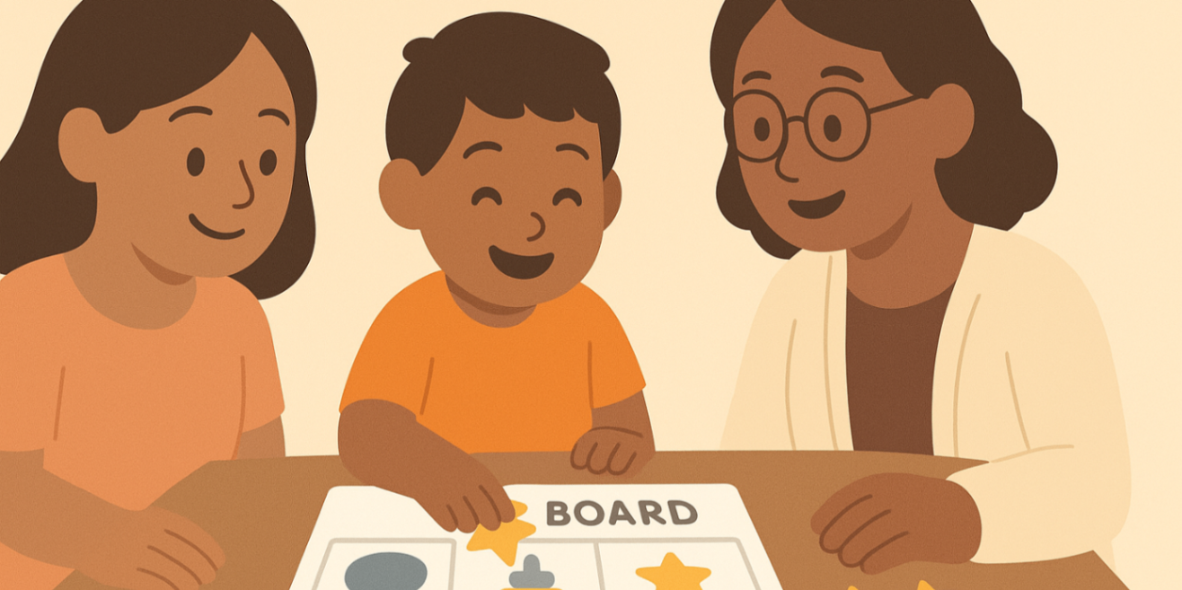 Child, parent and therapist filling a goal board with icons for speech, play and routines — autism behaviour therapy goal-setting.
