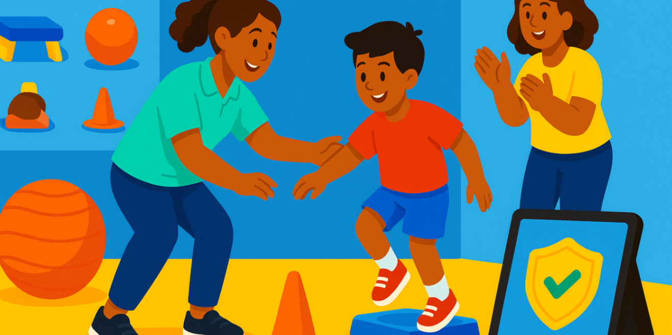 "Physiologist guiding a child through a play-based circuit (balance step, therapy ball, cones) while parent cheers — paediatric EP session.