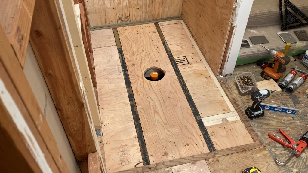Plywood attached to blocking for new recessed subfloor