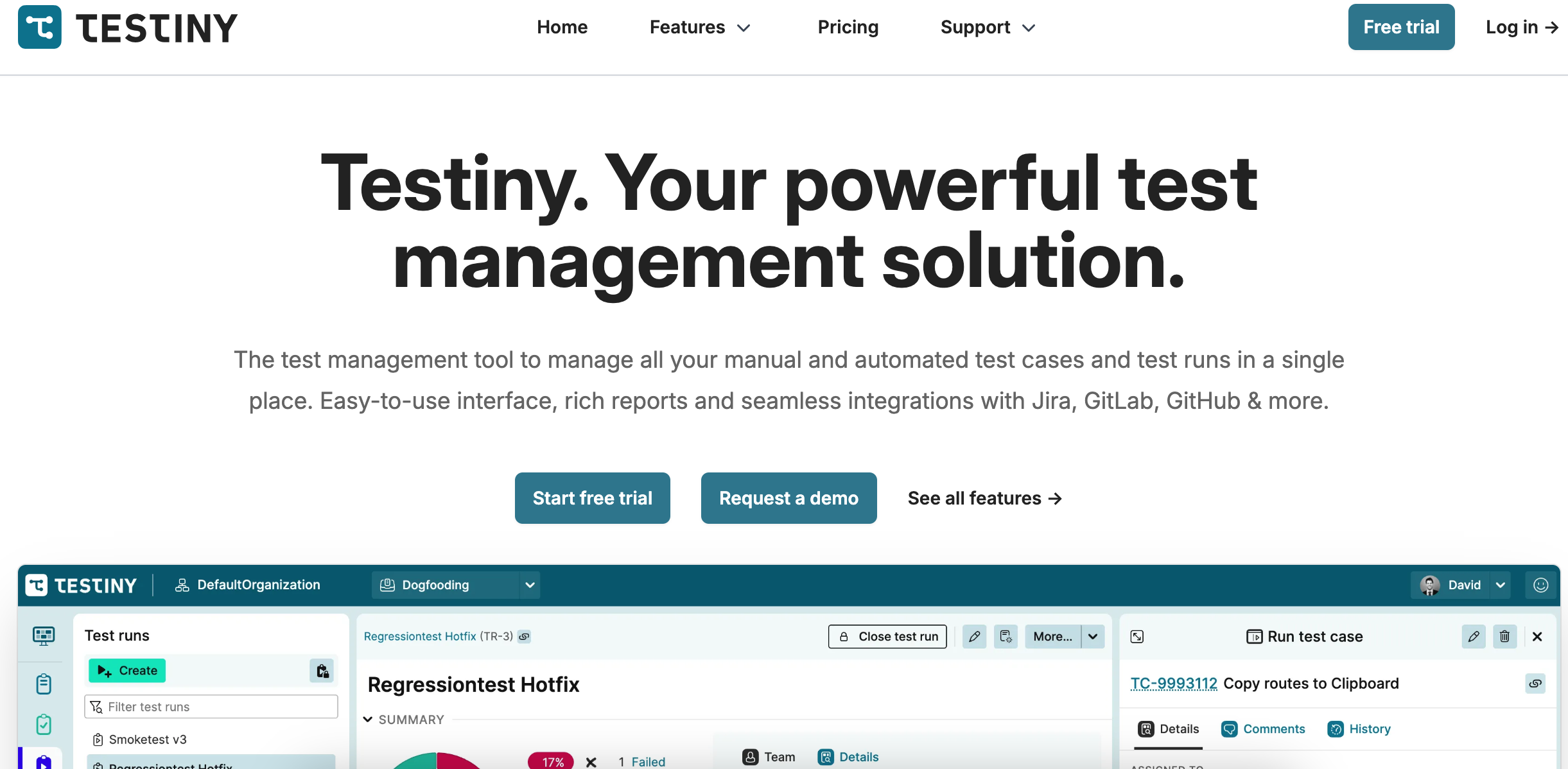 Testiny interface showing test case overview and folder system