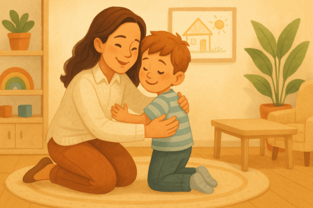 A compassionate behaviour support practitioner hugging a child warmly, reflecting trust and connection in a positive behaviour support setting.