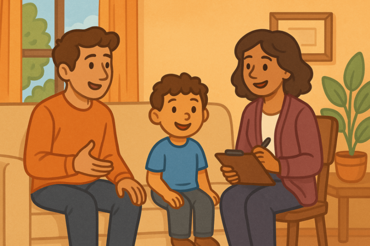 Parent and NDIS therapist having a conversation at home, with the child sitting between them