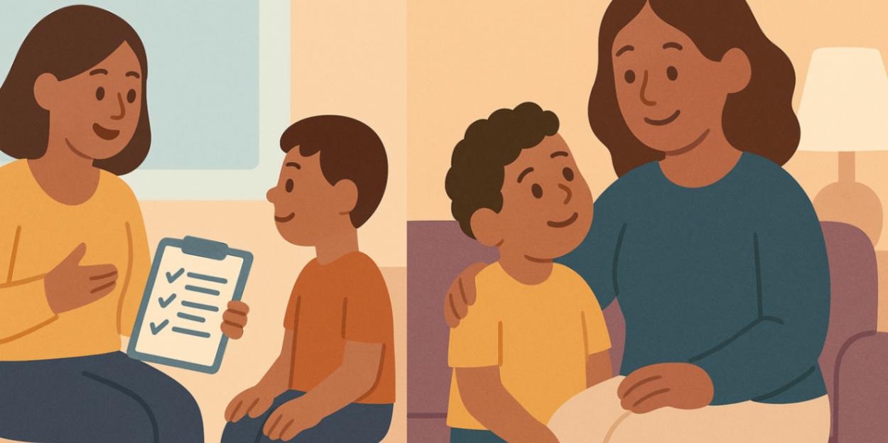 Two-panel image: left panel shows a therapist running a child therapy session; right panel shows the child engaging with their mother — behaviour therapy with parent involvement.