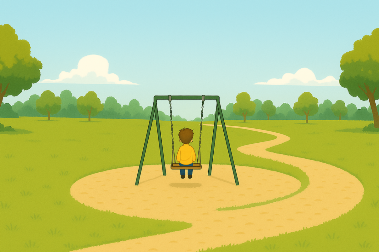 Child sitting alone on a swing in a large park — showing early signs of social withdrawal or isolation.