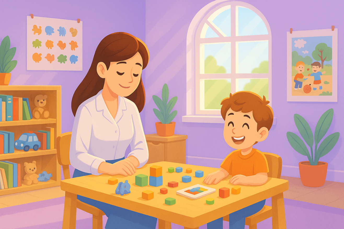 A young child engages with an NDIS therapist in a bright, toy-filled autism support therapy room.