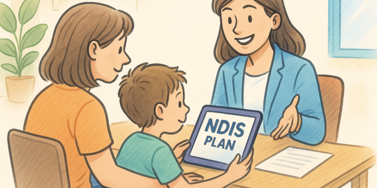 Parent and child meeting with a plan manager, reviewing NDIS documents on a tablet in a supportive family setting