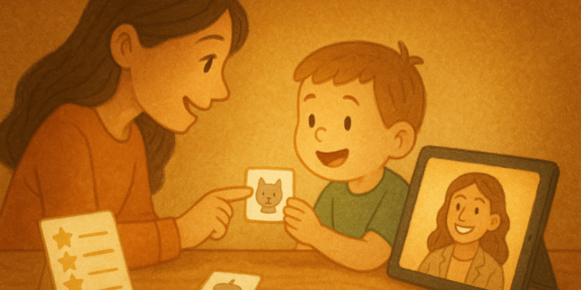 Parent practicing telehealth prompts with a child while a tablet shows a smiling therapist guiding the session.