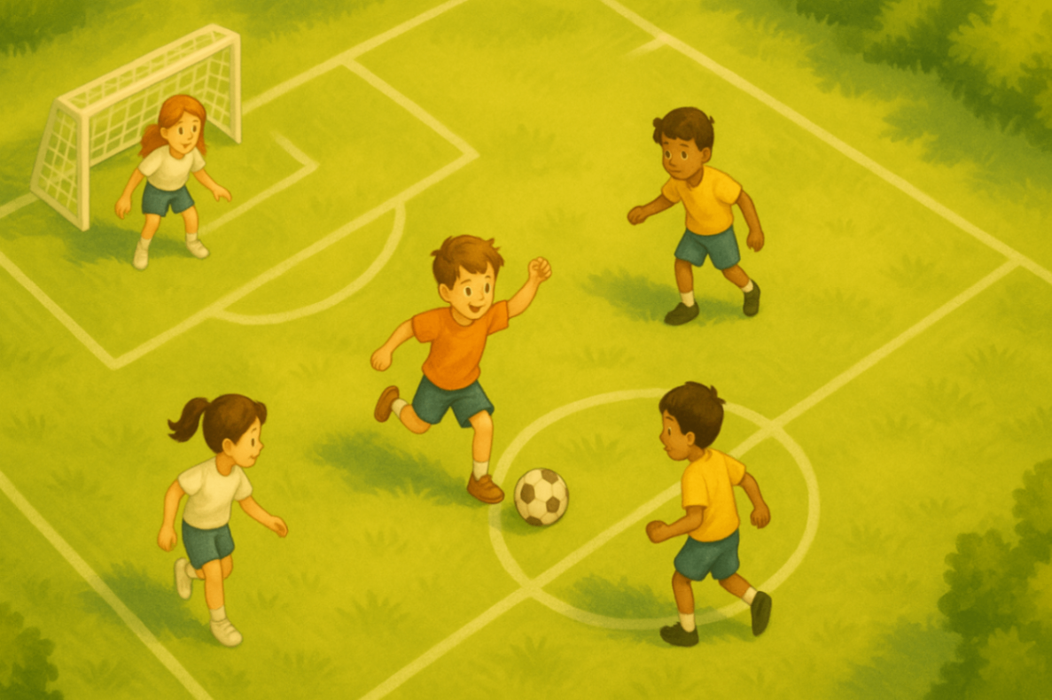 children playing soccer on a school field — highlighting physical education and motor skill development through exercise physiology.