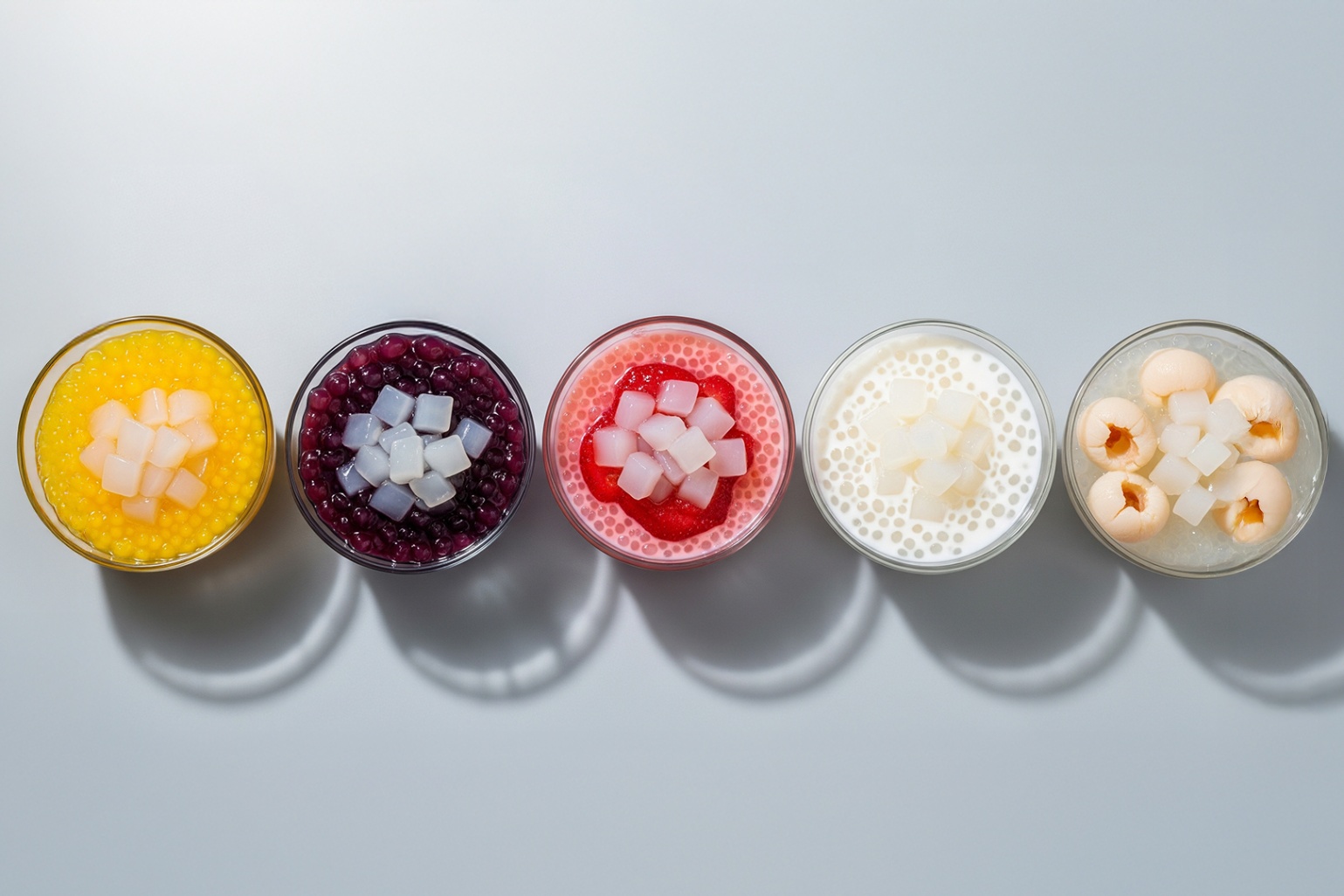 The colorful nata de coco cubes stand out against the translucent base—showcasing a vibrant variety of tropical fruit flavors.