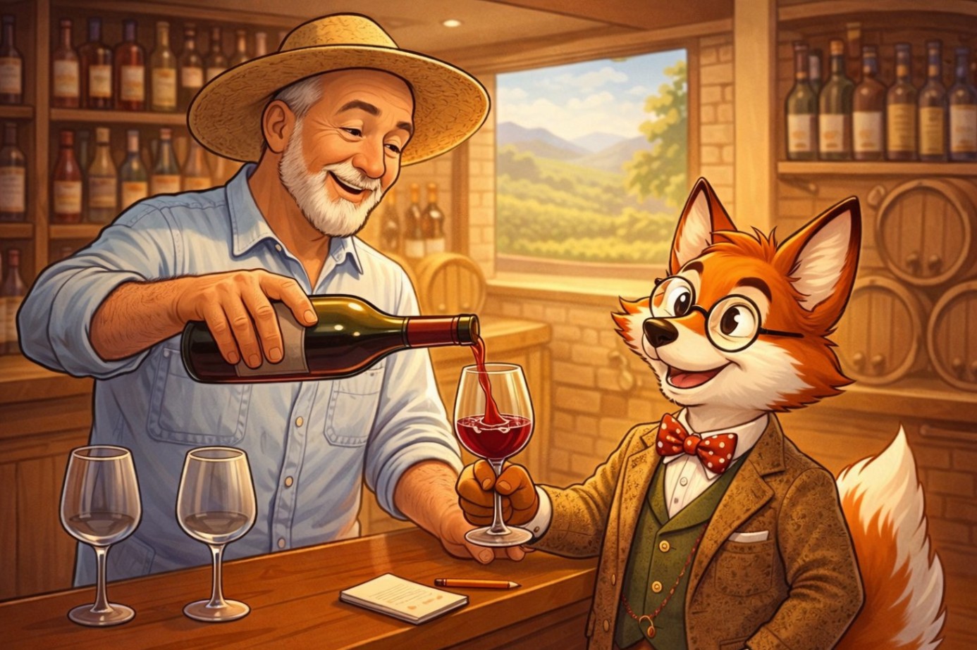 Ray pouring wine for Professor Corksworth
