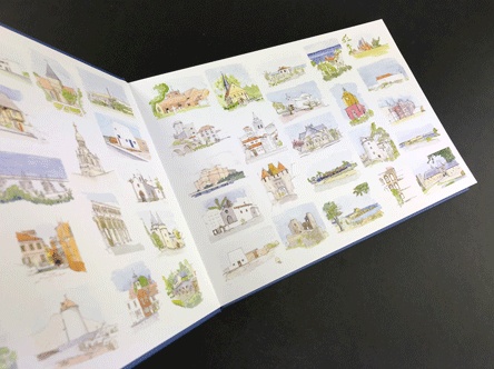 A spread from a mixed media art book featuring a collection of watercolour and ink sketches of architectural buildings, showcasing the combination of different art techniques like watercolour, ink, and detailed illustration.